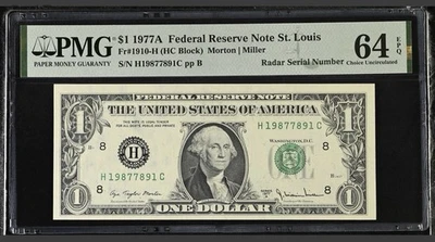 1977A $1 FRN PMG 64 EPQ ⭐ Radar Serial H19877891C ⭐ Choice Unc St. Louis Rare - Image 1 of 3