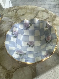 Mackenzie Childs Blue Morning Glory Fluted 5.75” Bowl Small Roses Gold Edge Rim - Picture 1 of 8