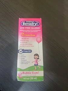 New Benadryl Children's Allergy Relief Dye-Free Bubble Gum 12.5mg 4 Oz Exp 08/26 - Picture 1 of 7