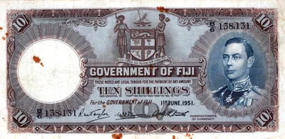 Fiji 10 Shillings 1951 Pick # 38 F-VF - Image 1 of 3