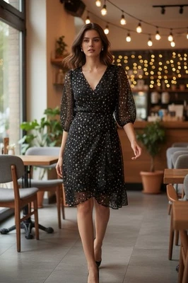 DKNY Black Gold Size 10 Dress Holiday Party Sheer Overlay Tie Belt Cocktail - Image 1 of 4