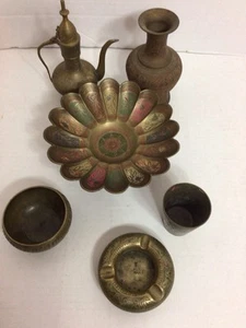 Vintage Indian Brass Lot, Assorted 6 Piece Set, Vase, Cup, Bowl, Ashtray, Etc. - Picture 1 of 8