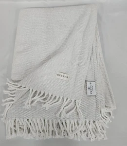 Manta Sferra Terzo Basketweave blanca gris claro algodón flecos usada - Imagen 1 de 6