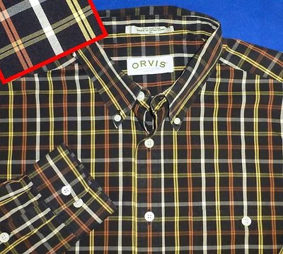 ORVIS MENS SHIRT XL BLACK SALMON ORANGE WHITE GOLD YELLOW PLAID BEAUTIFUL FABRIC - Imagem 1 de 3