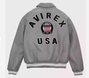 Men's Gray AVIREX Bomber Casual Warm Sport Baseball Leather Jacket Biker - Picture 1 of 3