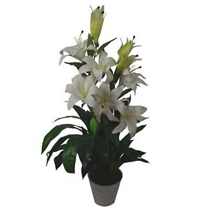 Large Artificial Lily Plant Stargazer Style 90cm White 3ft Decorative White Pot