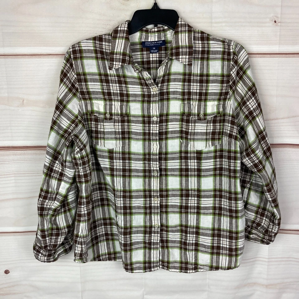 Jones New York Top Womens 2X Plus Linen Plaid Button Up Shirt Long Sleeve Collar - Image 1 of 4