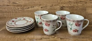 222 Fifth Florence Coffee Teacups & Saucers Pink Flower Floral Stoneware Serve 4 - Picture 1 of 16