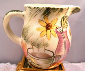 NICE CERAMIC PITCHER w/PUMPKINS, LEAVES ,GRAPES, FLOWERS & COFFEE-ITALY-6 1/4" T - Picture 1 of 7