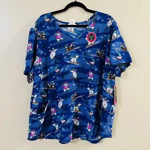 Womens 2XL Christmas Scrub Top Winter Polar Bears Penguins & Gnomes W/ Snowflake - Picture 1 of 5