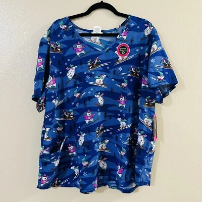 Womens 2XL Christmas Scrub Top Winter Polar Bears Penguins & Gnomes W/ Snowflake - Image 1 of 4