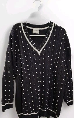 Marisa Christina Collection Pearl Embellished V Neck Navy Blue Sweater  - Image 1 of 4