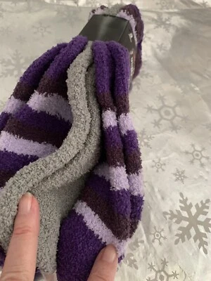 ❤️Fluffy & Cozy Socks 3pk Knit Soft Microfiber Warm Plush Purple Multi Stripes - Image 1 of 3