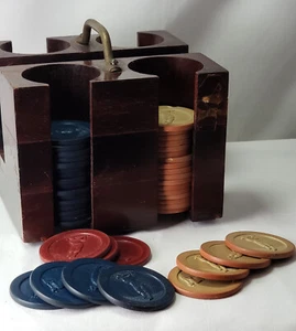 Vintage Golfer Ton Poker Chips 39 insgesamt & Original Holzhalter - Bild 1 von 5