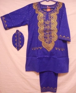 Herren Dashiki Hemd Afrikanischer Viskose Brokat 3tlg Set Blau Gold mit Hut Übergröße - Bild 1 von 5