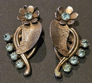 Vintage Bronze Clip On Earrings With Blue Rhinestones Flower - Picture 1 of 2