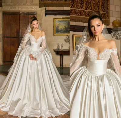 Vestido de baile de princesa vestidos de novia con velo fuera del hombro manga larga novia Foto 1 de 4
