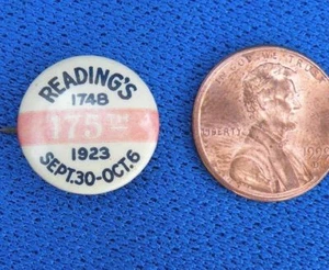 Cool 1923 READING Pennsylvania 175th Pinback Button Pin - Imagen 1 de 2