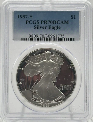 *Spots-1987-S PR70 DCAM American Silver Eagle PCGS Blue Label *STL - Imagem 1 de 4