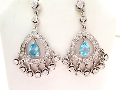 Blue Topaz Clear Quartz CZ 925 Sterling Silver Chandelier Dangle Drop Earrings - Image 1 of 4