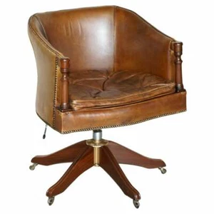 VINTAGE HAND DYED AGED BROWN LEATHER CAPTAINS SWIVEL ARMCHAIR CHESTERFIELD SEAT - Picture 1 of 12