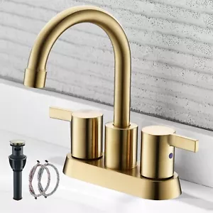 Brushed Gold Bathroom Faucet 3 Hole 2 Handle Bathroom Sink Faucet w/Pop-Up Drain - Picture 1 of 9