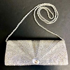 Bijoux Terner Silver White Beaded Clutch Purse Beaded Long Strap Style #091209 - Picture 1 of 12