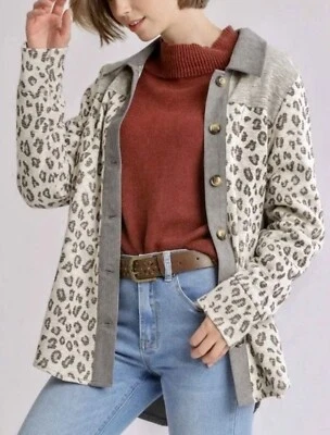 Camisa L-Umgee Shacket Gris/Marrón Leopardo Estampado Animal-Botón Up Pana Mezcla Nueva con Etiquetas Foto 1 de 4