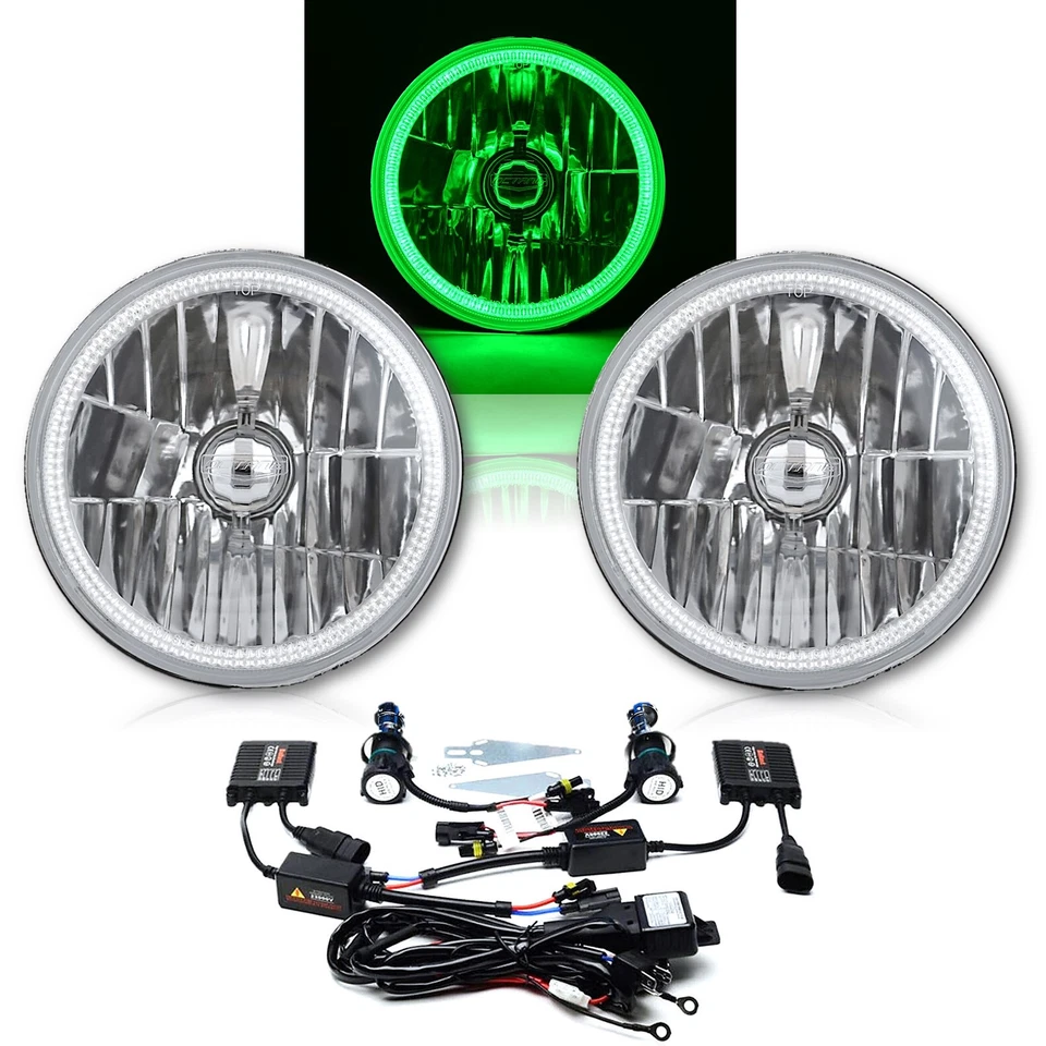 7" SMD Green LED Halo Angel Eye Headlamp Headlight HID 6K 6000K Light Bulbs Pair - Image 1 of 1