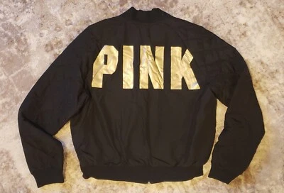Chaqueta Bomber ROSA Victorias Secret Edición Especial Negra/Dorada Acolchada Brazos Suave Foto 1 de 4