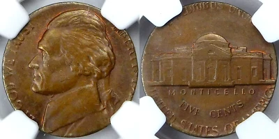 (1979) Jefferson Nickel - NGC Mint Error MS 62 BN - Struck on 1C Blank Lot 142 - Image 1 of 3