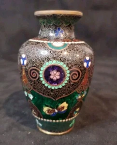 Antique Chinese Cloisonne Vase Multi Color Beautiful Design Blue Interior - Picture 1 of 24