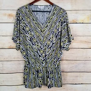 N Touch Womens Top Size L XL Yellow & Black Geometric Tribal Print Stretchy - Picture 1 of 5