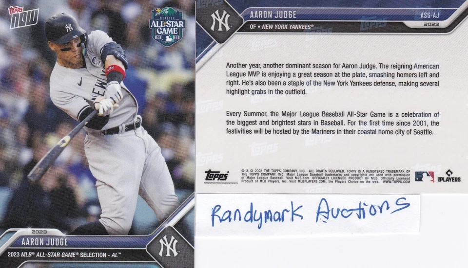 Aaron Judge NEW YORK YANKEES 2023 TOPPS NOW ALL-STAR GAME SELECTIONS ASG-AJ - Image 1 of 1