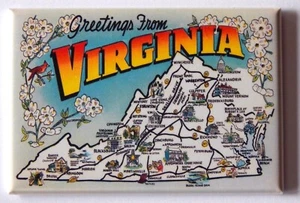 Greetings from Virginia Map FRIDGE MAGNET travel souvenir (dogwood and cardinal) - Picture 1 of 3