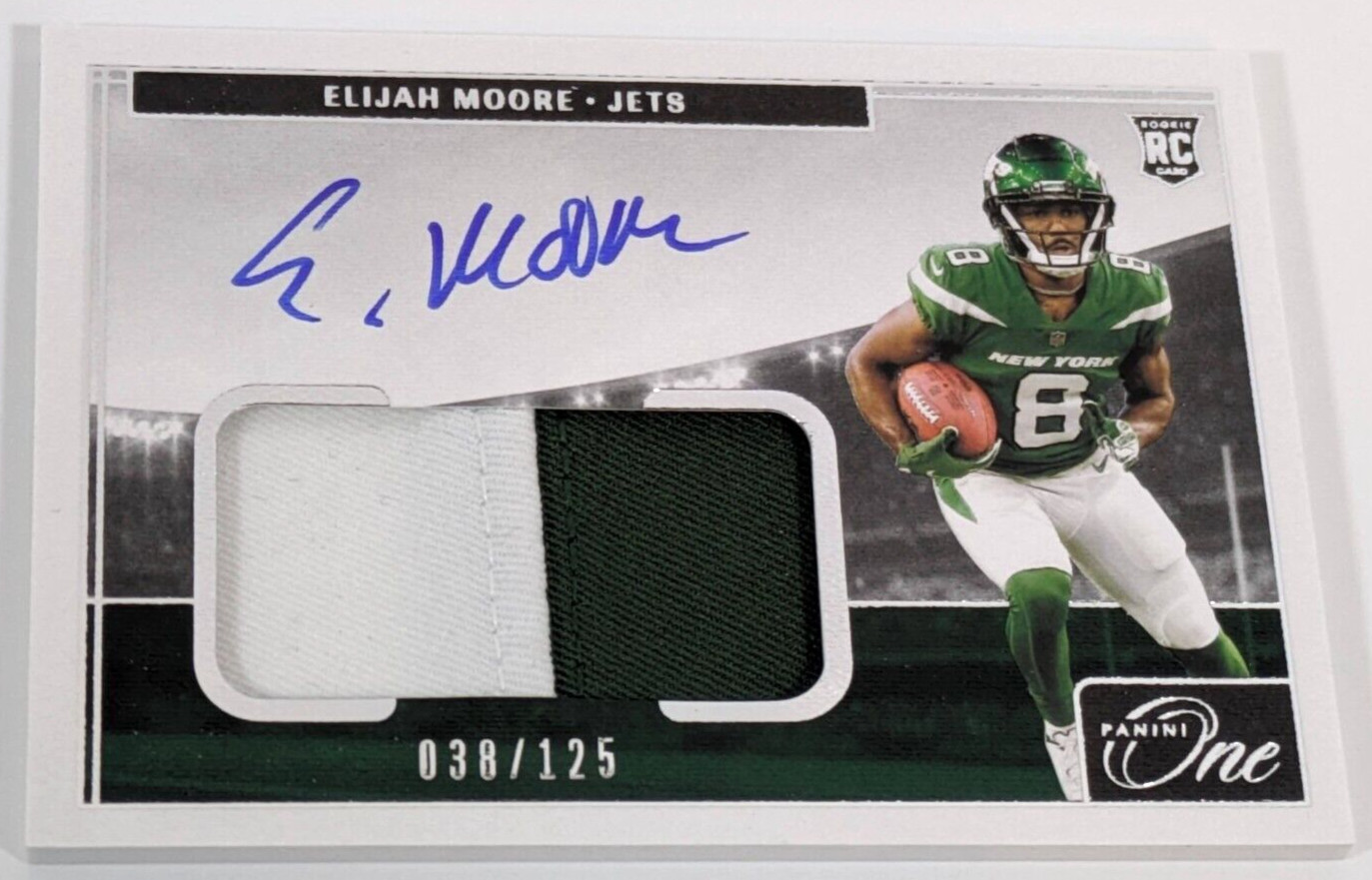 Elijah Moore 2021 Panini One #16 Jets RPA RC Rookie Patch AUTO /125
