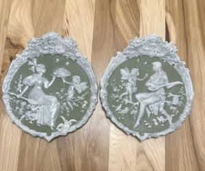 VTG Green Jasper Cupid Angel Victorian German Wall Plaques PAIR 7" - Picture 1 of 8