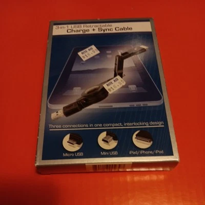 Tech Universe Charge + Sync Cable Black 3 In 1, 3 Ft Retractable NEW IN BOX - Image 1 of 2