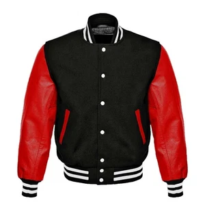 Black Varsity Jacket with Red Leather Sleeves – Wool Body College Letterman - Picture 1 of 5