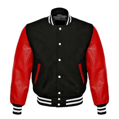 Black Varsity Jacket with Red Leather Sleeves – Wool Body College Letterman - Image 1 of 4