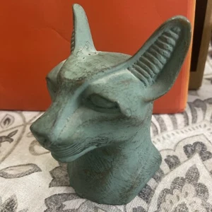 Bastet Handpainted Stone Cat Bust/Statue - 4 in, Vintage, Egypt, Green - Picture 1 of 7