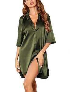 Women's Satin Nightshirt V Neck Silk Nighties for Women Button Down Sleepwear... - Picture 1 of 6