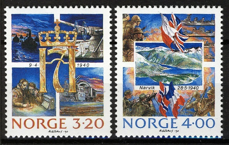 Norway 1990, NK 1093-94, 50th Anniv occupation of Norway set VF MNH, Mi 1042-43 - Image 1 of 1