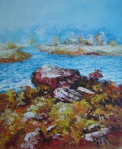 Pintura al óleo impresionismo paisaje marino 24x20 agua limpia en otoño - Imagen 1 de 1