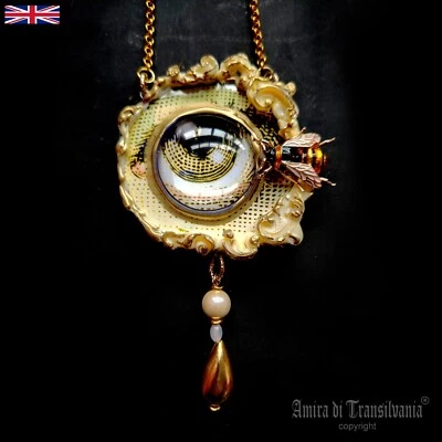 Evil Eye Amulet Pendant Jewelry Necklace Gold Stone Talisman Bee Nest Insect Bib - Image 1 of 4