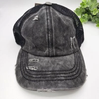 C.C Pony Caps Distressed Criss Cross Hat Mesh Back Baseball Cap Black Gray NEW - Image 1 of 4