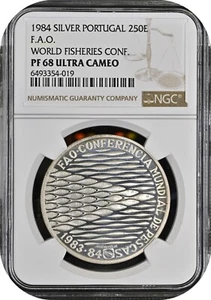 🟥 F.A.O. : 250 escudo Silver Portugal 1984 : NGC PF68 Ultra Cameo - Picture 1 of 2