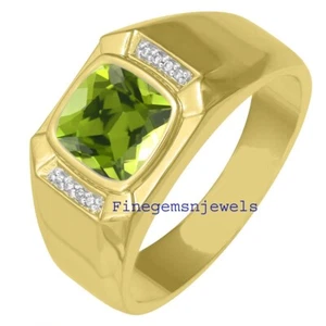 Natural Peridoto Y Circonita Cúbica Gemstones Con 925 Plata de Ley Hombre Ring # - Imagen 1 de 4