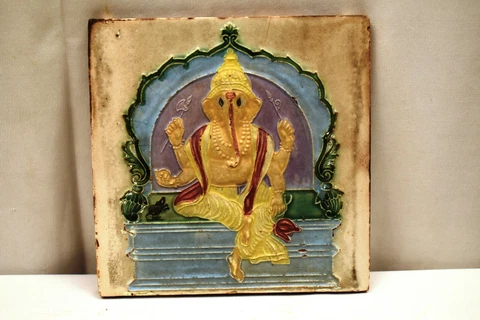 Antique Tile Majolica Art Nouveau Ceramic Ganesh Sitting On Throne Gwalior "046 Cover