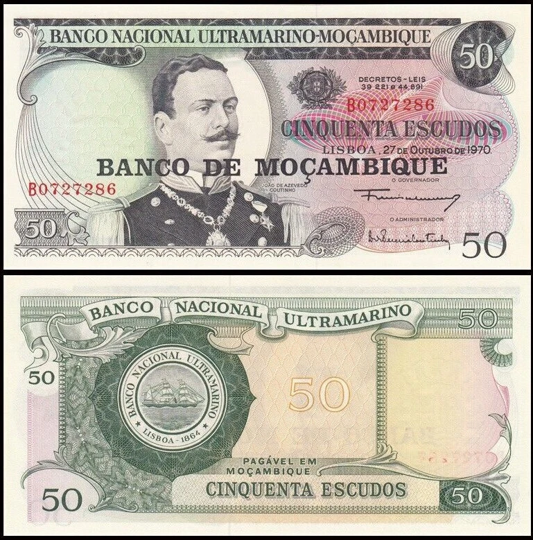 MOZAMBIQUE 50 ESCUDOS 1970 UNC PREFIX B,OVERPRINT NEW BANK NAME,JOAO DE AZEVEDO - Image 1 of 1